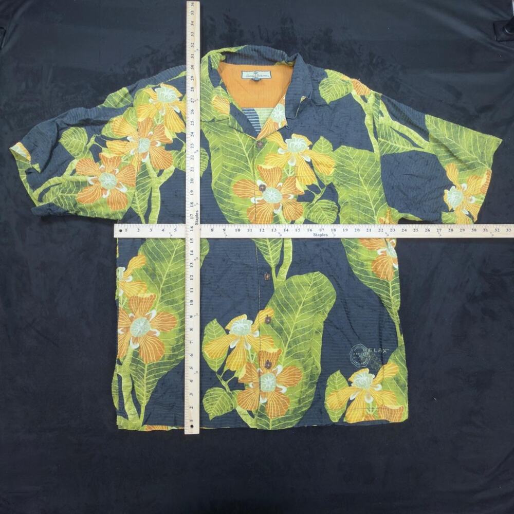 Tommy Bahama Mens XL Hawaiian Silk Cotton Camp Shirt Navy Orange Hibiscus Print